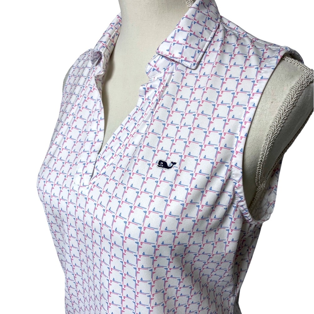 Vineyard Vines Performance Flag Whale Pink Blue Sleeveless Polo Shirt Women's S
